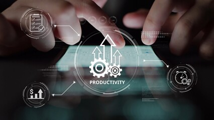 Poster - Productivity improvement in digital business, showing productivity tools, productivity tracking, productivity optimization, and workflow for business workplace efficiency. Muxer