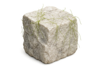 Poster - Cubic marble rock covered with green algae isolated on transparent background, ideal for photo manipulations