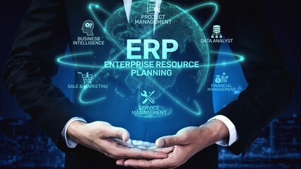 Poster - ERP platform visual showing centralized system for enterprise resource planning, improving integration, data flow, business efficiency, finance, inventory, and human resources. Muxer