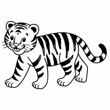 Vector illustration of Happy tiger cub walking with a smile black and white drawing For children to learn to color according to the picture.