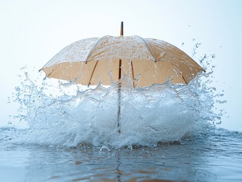 A beige umbrella standing in water with splashes
