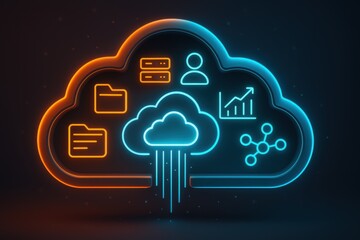 Fototapete - Neon Cloud: An illustration of a cloud with neon lights outlining different data elements in cool blues and warm oranges.