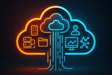 Fototapete - Digital Cloud Computing: A futuristic, digitally rendered cloud, serving as a nexus for the secure storage, accessibility, and comprehensive management of data across diverse digital landscapes.