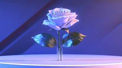 Wall Mural - Single White Rose in Glass Vase Neon Blue Background Minimalist Still Life