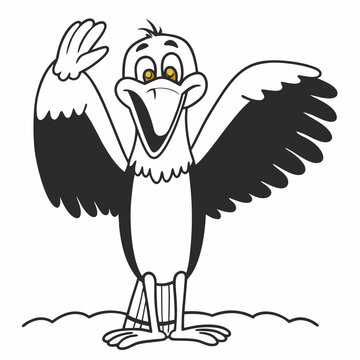 Vector illustration of cartoon pelican waving wing greeting.