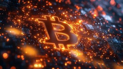 Poster - Bitcoin's Digital Realm: An evocative image of the bitcoin symbol blazing with the intensity of digital light, set against a backdrop of a sophisticated circuit board.