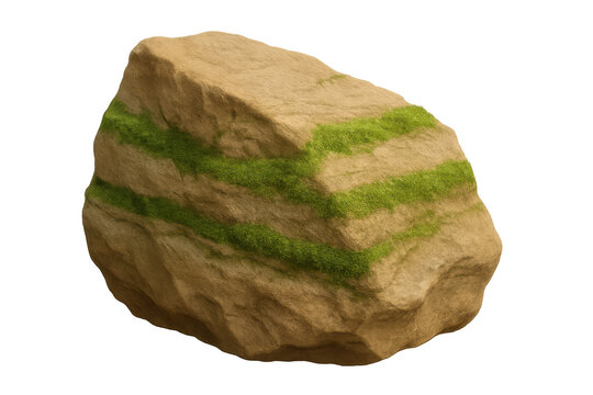 3d rendered desert rock surface, covered in verdant moss streaks, sitting against transparent backdrop
