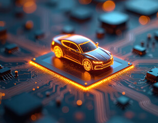 Fototapete - Illustration autonomous car icon microchip. Vehicle tech future. Representing auto industry innovation, electric vehicle concept, smart transportation. AI, driving technology, automation. Futuristic