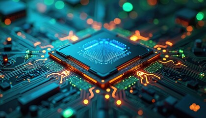 Poster - Futuristic quantum computer core in blue, green tones. Advanced data processing tech, information technology, innovation concept. Integrated circuit, digital network, high tech CPU, motherboard.