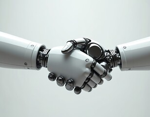 Poster - Two robotic hands shake, agreements, partnership in AI driven world. Represents futuristic tech, business deals, collaboration, teamwork, innovation. Concept of advanced technology, cybernetic