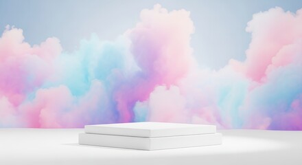Leinwandbilder - Display Podium with Colorful Clouds Background for Product Showcase