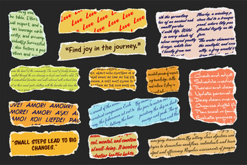 Wall Mural - Ripped paper strips with handwritten text. Realistic crumpled paper scraps with torn edges. Shreds of notebook, book or old newspaper pages. Trendy collage elements. Vector illustration