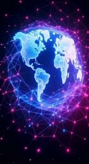 Poster - Global Network Connection with World Map in Neon Colors Data Transfer and Communication