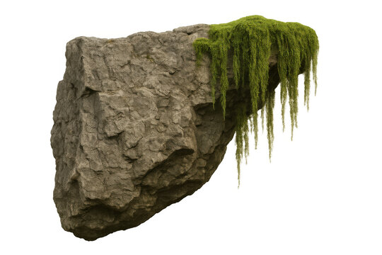 3d rendering of a floating rock with hanging moss isolated on transparent background, ideal for photo manipulations