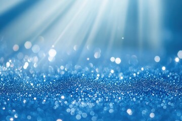 Poster - glittering blue particles floating through radiant light rays in a serene atmosphere, blue glitter p