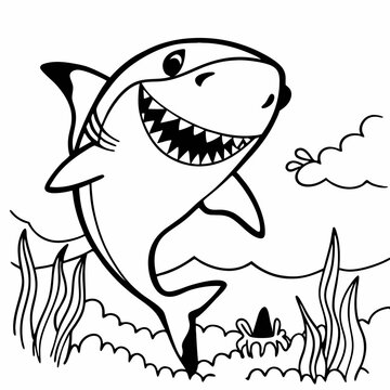 Vector illustration of shark smiling and having fun black and white drawing For children to learn to color according to the picture.