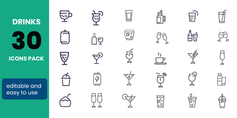 Fototapete - Drinks Line Editable Icons set. Vector illustration in modern thin line style of beverages related icons: beer, wine, cocktail, and more. Pictograms and infographics for mobile apps.