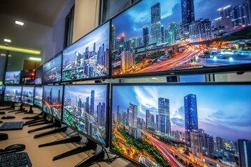 Poster - CCTV monitor display showing urban scenery with night city lights and bustling city life, CCTV Monitors Display With City Scenes