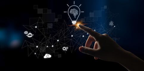 Poster - AI innovation with neural network and digital transformation. AI innovation drives automation, powers ideas, AI innovation enhances SEO, and AI innovation enables global connection. Latch