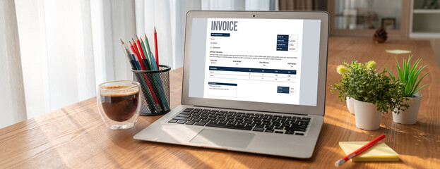 Poster - Invoice on computer screen from accounting application. Computer program for financial and budget of corporate business. Snugly.