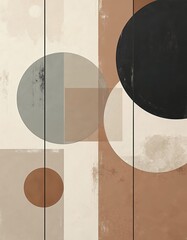 Poster - Geometric graphic design element. Abstract composition with circles squares. Textured surface in beige, brown, black colors. Modern art for poster design, background, web design.
