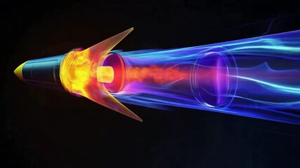 Poster - Rocket Launch: A vibrant, stylized rocket streaks across a dark backdrop, leaving a trail of fiery, energetic plasma.  The detailed design showcases powerful propulsion and futuristic technology. 