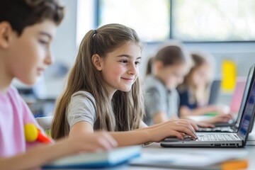Poster - Students engaged in collaborative learning using laptops in a modern classroom environment, Students in modern classroom using laptops for interactive learning experience Education concept