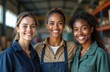 © Viktor - Portrait smiling diverse female workers in factory. Group of women wear workwear smiling. Multicultural team, factory industry. Collaboration, teamwork, women empowerment, modern workplace. Happy