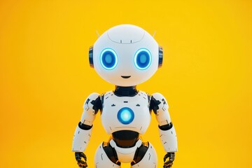 Poster - Small white robot with blue eyes stands against a bright yellow background creating a cheerful atmosphere, Small white robot with blue eyes against bright yellow background