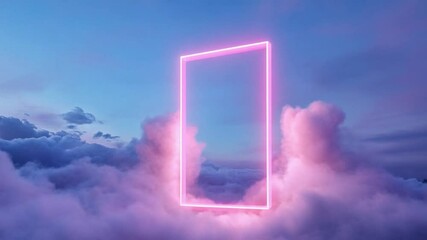 Poster - Neon Portal in the Sky: An alluring, pink neon frame, framed within a serene cloudscape, evokes feelings of mystery, dreams, and the surreal. Capturing the fusion of technology and nature