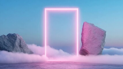 Poster - Neon Gateway: A striking composition featuring a neon-lit rectangular portal set against a serene, atmospheric background of clouds and rocks.