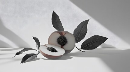 Wall Mural - Artistic Still Life- Halved Peach with Pine Cone Center and Dark Leaves