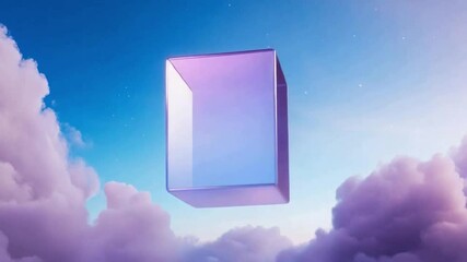 Poster - Floating Cube in Dreamscape: A geometric cube floats gracefully amidst a dreamy skyscape, illuminated by soft, ethereal light. This captivating image represents innovation, potential and imagination.