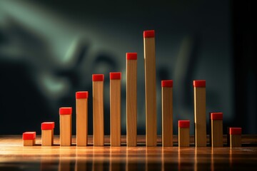 Poster - Wooden blocks with red tops arranged as a growing bar chart represent positive business growth and increasing statistics