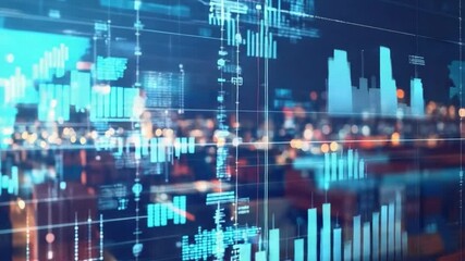 Poster - Digital Cityscape: Futuristic urban scene with dynamic data visualizations, graphs, and charts overlayed on a blurred cityscape at night.  