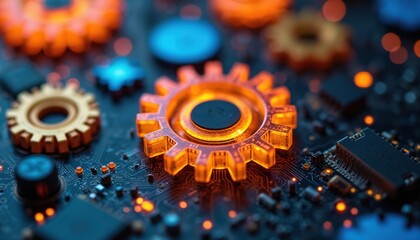 Poster - Macro view of circuit board featuring floating vibrant colored gears. Digital tech innovation concept, futuristic design. Illustrates computer hardware, data processing, network connection. Modern