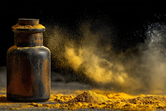 A small black jar containing yellow powder with an open lid sits on the ground. Brown sand swirls around it, creating a sense of movement. This is a close-up commercial photography image set against a