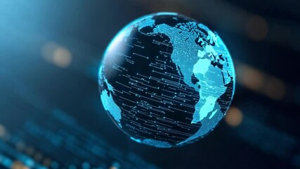 Poster - Global Network: A luminous digital rendering of the Earth, its continents and oceans intricately woven with lines of data, representing interconnectedness and the flow of information.