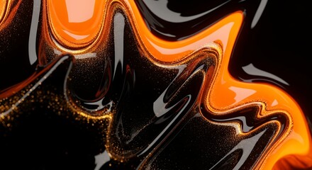 Leinwandbilder - Abstract Fluid Art with Black and Orange Swirls and Gold Glitter
