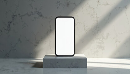 Poster - Mobile phone on minimalist stone pedestal. Blank display for mockups, app demos, advertising. Stylish background with sunlight. Ideal for new phone models, mobile apps, technology, digital