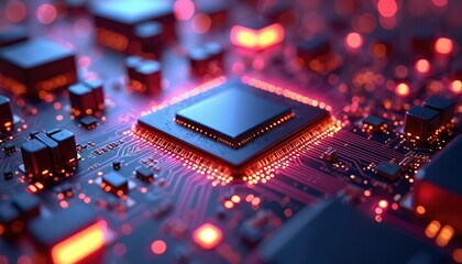 Fototapete - Highly detailed AI supercomputer circuit board, close-up view, CPU GPU microchips, circuits interconection. Futuristic tech illustration with high contrast lighting, cinematic depth of field.