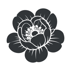 Poster - Elegant Black and White Silhouette of a Blossomed Flower with Detailed Petals stylized graphic depiction flower simple elegant silhouette flower silhouette graphic floral
