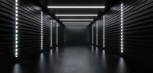Poster - Dark hall with bright neon lights on black background. Futuristic corridor with glowing LED panels. Empty room. Technological abstract background, 3d rendering illustration.