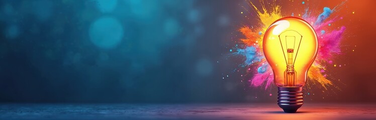 Poster - Illustration of vibrant glowing idea bulb representing brainstorming, creative thinking. Colorful explosion design concept. Energy inspiration, innovation. Concept of innovation, bright idea,