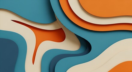 Leinwandbilder - Abstract Paper Layers with Wavy Cutout Shapes in Blue Orange and Beige