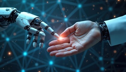 Poster - Robot hand touching human hand over big data network connection background. Futuristic tech, AI, machine learning concepts. Innovation, digital transformation, human-machine collaboration. Modern,