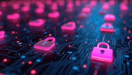 Poster - Cybersecurity illustration with glowing pink padlocks on circuit board. Data protection, future tech, digital security concept. Represents network safety, encryption, data privacy, secure access.