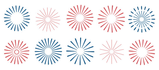 Poster - Collection of Simple Fireworks Design Elements in Red and Blue Set radiating firework graphic elements two colors fireworks graphic design vector graphics firework