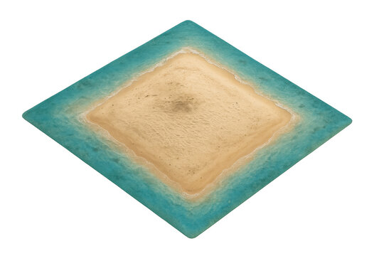 Aerial view of a perfect diamond shaped desert tropical island surrounded by turquoise water with transparent background