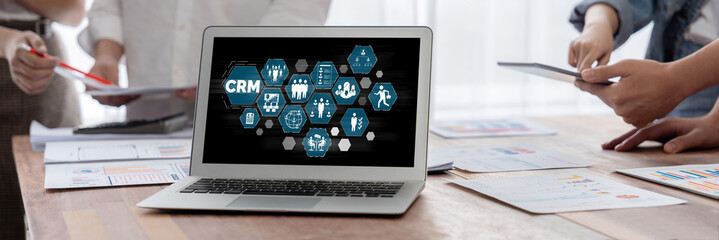 Aufkleber - Customer relationship management system on brisk computer for CRM business and enterprise